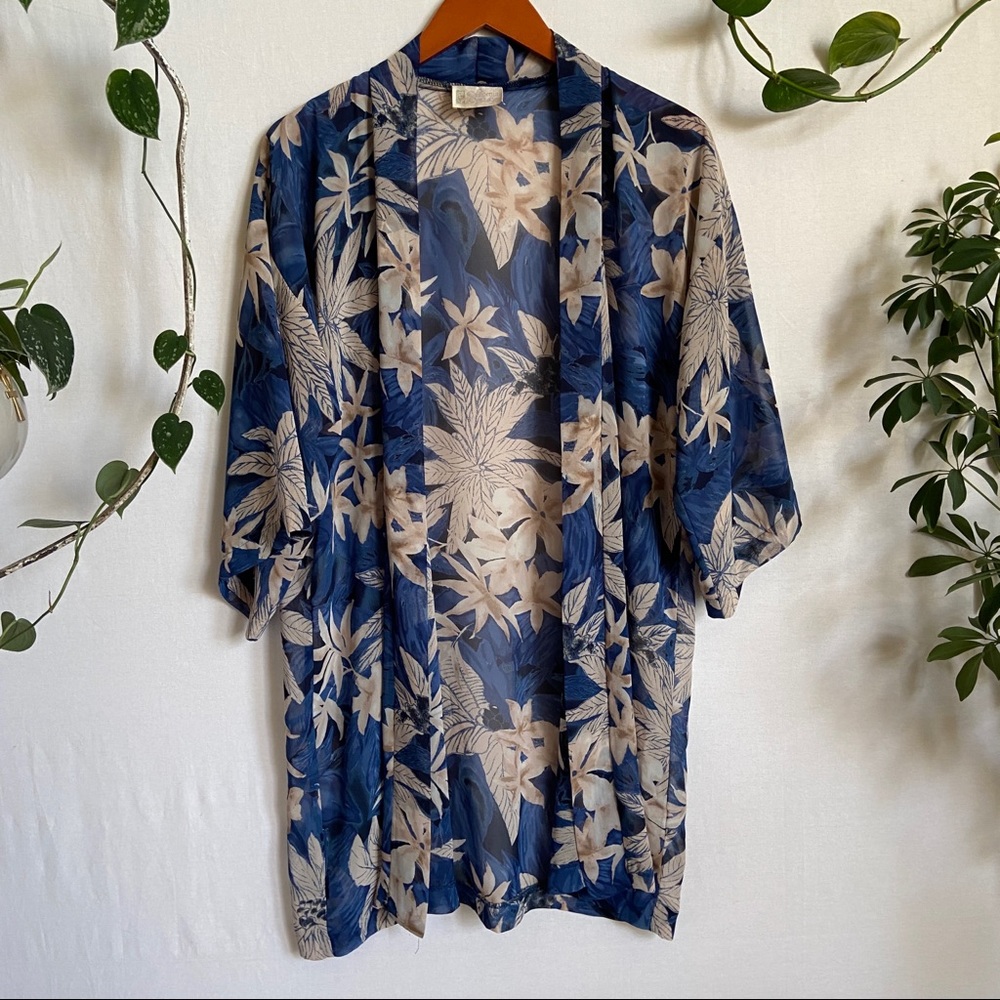 VINTAGE • California Dynasty Hawaiian Print Robe Sheer Kimono Botanical Blue XL